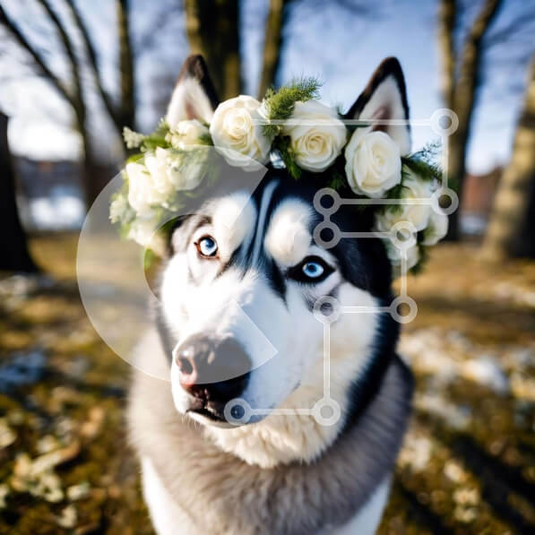 Intra Συλλεκτικό Ξύλινο Παζλ Plywood  4mm - Λευκό και μαύρο σκυλί γεροδεμένο με στέμμα λουλουδιών σε εξωτερικούς χώρους Σε Ξύλινο Κουτί - Διαστάσεις: 10x10 cm – 25 κομμάτια