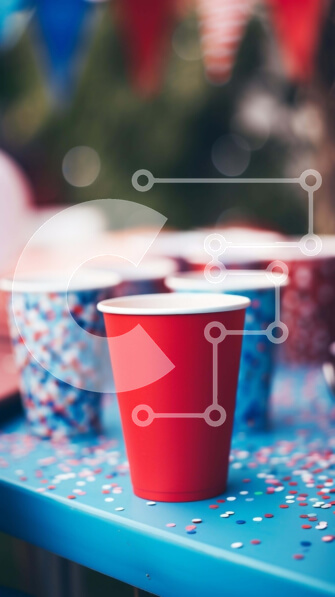 Intra Συλλεκτικό Ξύλινο Παζλ Plywood  4mm - Εορταστική σκηνή πάρτι με κόκκινα χάρτινα κύπελλα Σε Ξύλινο Κουτί - Διαστάσεις Puzzle: 10x10 cm – 25 κομμάτια