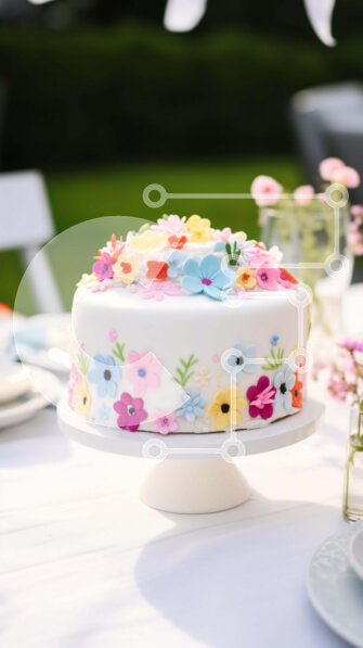 Intra Συλλεκτικό Ξύλινο Παζλ Plywood  4mm - Λευκή τούρτα με floral διακοσμήσεις σε τραπέζι εξωτερικού χώρου Σε Ξύλινο Κουτί - Διαστάσεις: 10x10 cm – 25 κομμάτια