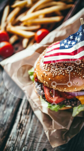 Intra Συλλεκτικό Ξύλινο Παζλ Plywood  4mm - Μπέργκερ με αμερικανική σημαία και πατάτες πατάτες Σε Ξύλινο Κουτί - Διαστάσεις: 10x10 cm – 25 κομμάτια