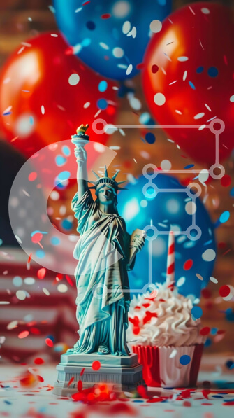 Intra Συλλεκτικό Ξύλινο Παζλ Plywood  4mm - Άγαλμα της Ελευθερίας με Cupcake και μπαλόνια Σε Ξύλινο Κουτί - Διαστάσεις Puzzle: 10x10 cm – 25 κομμάτια