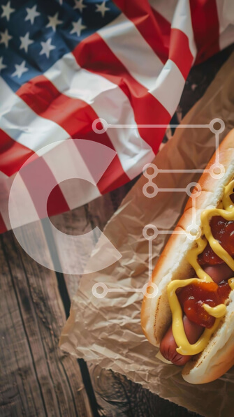 Intra Συλλεκτικό Ξύλινο Παζλ Plywood  4mm - Κουλούρι για χοτ ντογκ με καρυκεύματα και αμερικανική σημαία Σε Ξύλινο Κουτί - Διαστάσεις: 10x10 cm – 25 κομμάτια