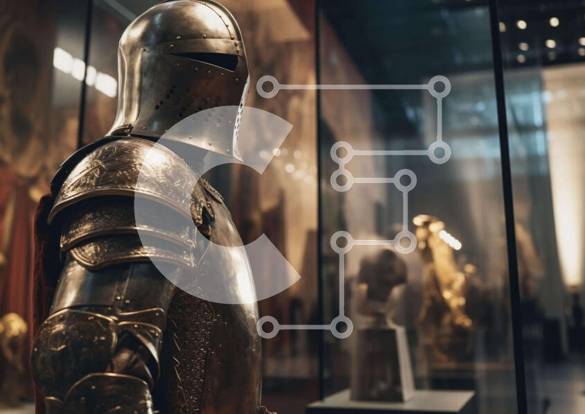 Intra Συλλεκτικό Ξύλινο Παζλ Plywood  4mm - Χρυσόχρωμη πανοπλία που εκτίθεται σε Μουσείο Τέχνης Σε Ξύλινο Κουτί - Διαστάσεις Puzzle: 10x10 cm – 25 κομμάτια