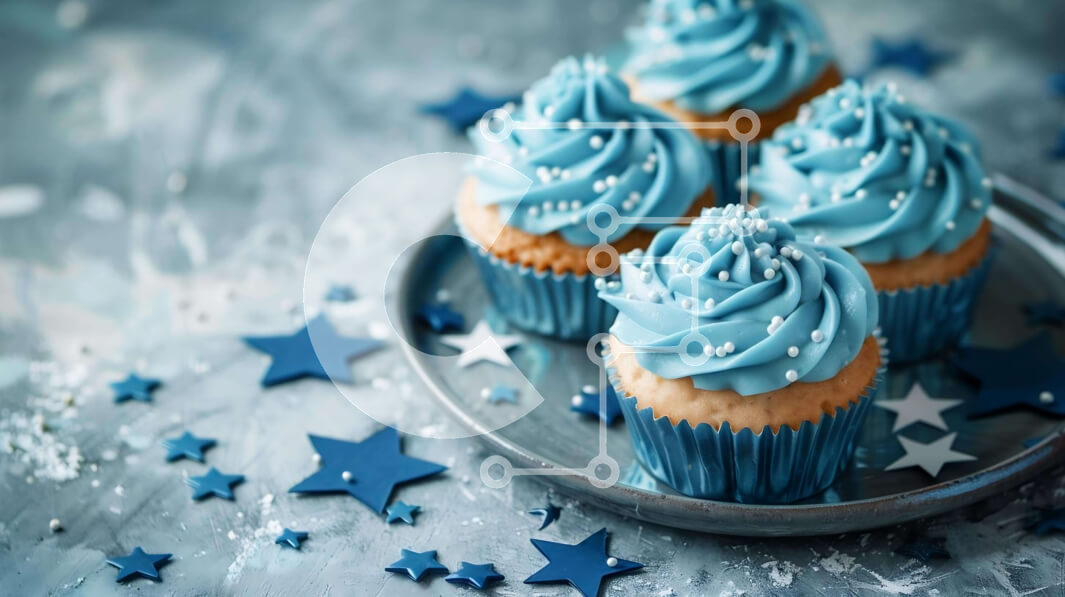 Σετ των 2 Intra Συλλεκτικό Ξύλινο Παζλ Plywood  4mm - Blue Frosted Cupcakes σε ασημένιο πιάτο με μπλε αστέρια Σε Ξύλινο Κουτί - Διαστάσεις: 10x10 cm – 25 κομμάτια