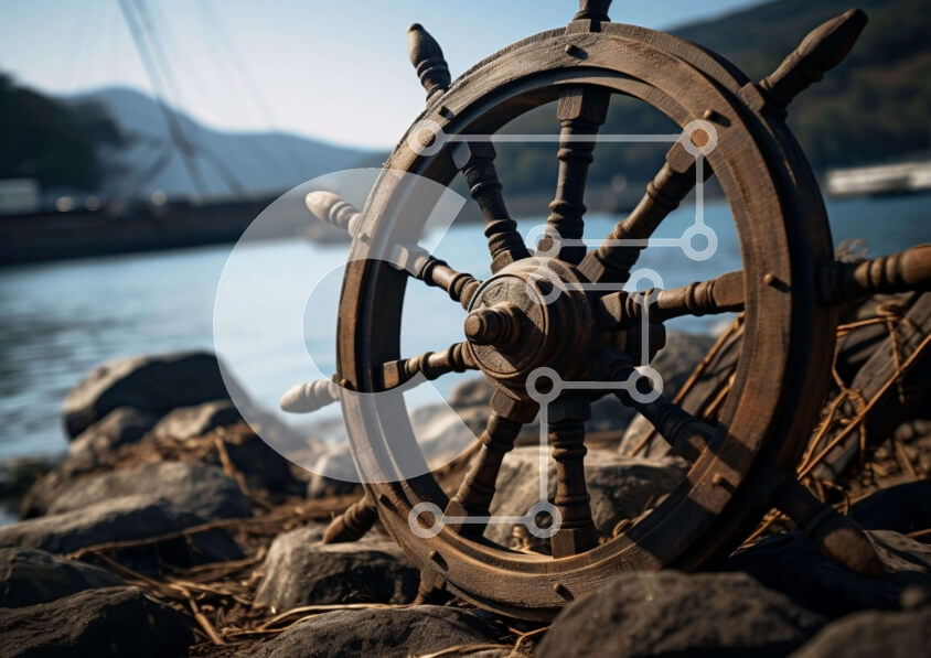 Intra Συλλεκτικό Ξύλινο Παζλ Plywood  4mm - Ξύλινος τροχός πλοίου σε βράχους κοντά στο νερό Σε Ξύλινο Κουτί - Διαστάσεις Puzzle: 10x10 cm – 25 κομμάτια