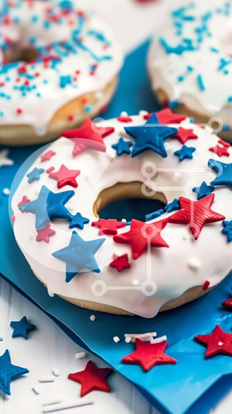 Intra Συλλεκτικό Ξύλινο Παζλ Plywood  4mm - Παγωμένο ντόνατς με κόκκινα, λευκά και μπλε αστέρια σε μπλε τραπεζομάντιλο Σε Ξύλινο Κουτί - Διαστάσεις: 10x10 cm – 25 κομμάτια