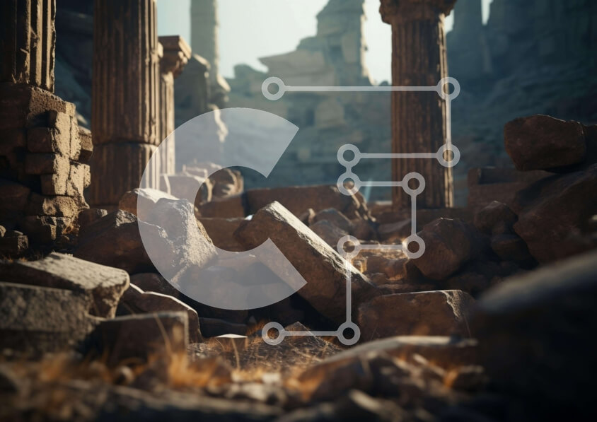 Intra Συλλεκτικό Ξύλινο Παζλ Plywood  4mm - Ερειπωμένη περιοχή με διάσπαρτους βράχους και κατεστραμμένους στύλους Σε Ξύλινο Κουτί - Διαστάσεις Puzzle: 10x10 cm – 25 κομμάτια