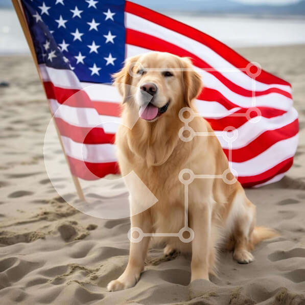 Intra Συλλεκτικό Ξύλινο Παζλ Plywood  4mm - Σκύλος Γκόλντεν Ριτρίβερ στην παραλία με αμερικανική σημαία Σε Ξύλινο Κουτί - Διαστάσεις: 10x10 cm – 25 κομμάτια