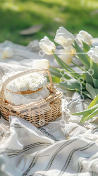 Intra Συλλεκτικό Ξύλινο Παζλ Plywood  4mm - Καλάθι για πικνίκ με λευκές τουλίπες και φέτες κέικ Σε Ξύλινο Κουτί - Διαστάσεις Puzzle: 10x10 cm – 25 κομμάτια