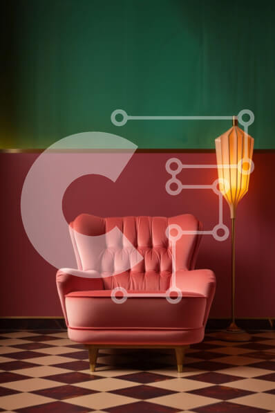 Intra Συλλεκτικό Ξύλινο Παζλ Plywood  4mm - Κόκκινη δερμάτινη καρέκλα μπροστά από το καρό πάτωμα Σε Ξύλινο Κουτί - Διαστάσεις Puzzle: 10x10 cm – 25 κομμάτια