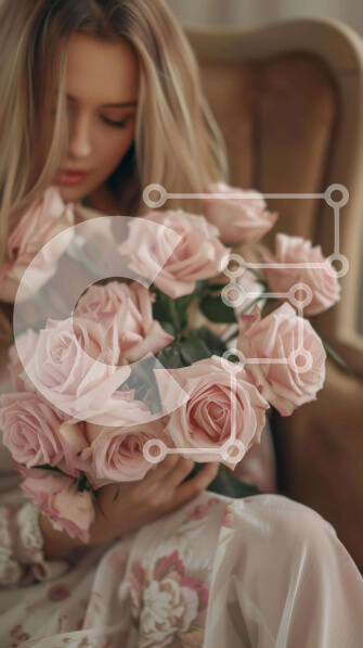 Intra Συλλεκτικό Ξύλινο Παζλ Plywood  4mm - Γυναίκα που κρατά ροζ τριαντάφυλλα σε μια πολυθρόνα Σε Ξύλινο Κουτί - Διαστάσεις Puzzle: 10x10 cm – 25 κομμάτια