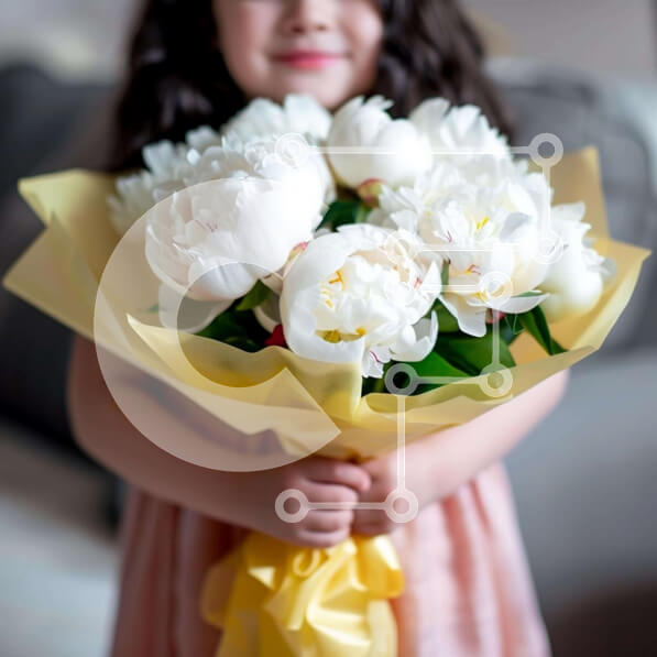 Intra Συλλεκτικό Ξύλινο Παζλ Plywood  4mm - Νεαρό κορίτσι που κρατά μπουκέτο με λευκά λουλούδια Σε Ξύλινο Κουτί - Διαστάσεις Puzzle: 10x10 cm – 25 κομμάτια