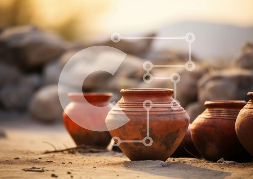 Intra Συλλεκτικό Ξύλινο Παζλ Plywood  4mm - Ομάδα κόκκινων πήλινων αγγείων μπροστά από βράχους Σε Ξύλινο Κουτί - Διαστάσεις: 10x10 cm – 25 κομμάτια