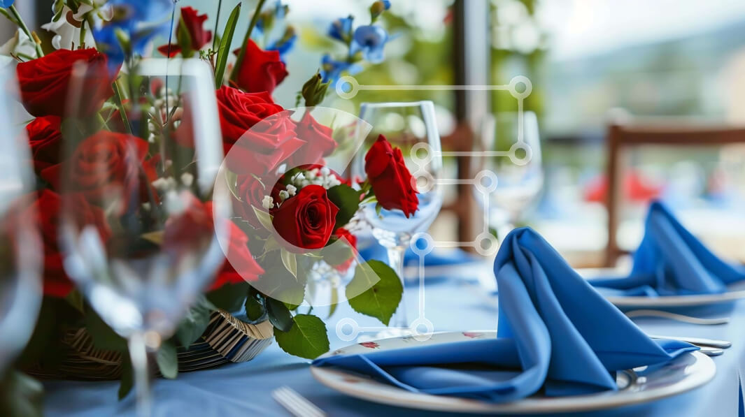 Σετ των 2 Intra Συλλεκτικό Ξύλινο Παζλ Plywood  4mm - Κομψό σετ τραπεζαρίας με κόκκινα τριαντάφυλλα και μπλε χαρτοπετσέτες Σε Ξύλινο Κουτί - Διαστάσεις: 10x10 cm – 25 κομμάτια