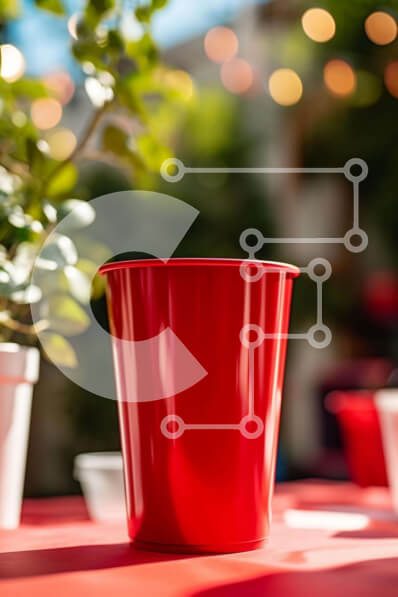 Σετ των 2 Intra Συλλεκτικό Ξύλινο Παζλ Plywood  4mm - Κόκκινο πλαστικό κύπελλο σε τραπέζι εξωτερικού χώρου με φυτό σε γλάστρα Σε Ξύλινο Κουτί - Διαστάσεις: 10x10 cm – 25 κομμάτια