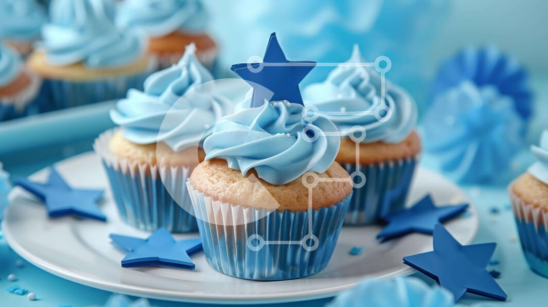 Σετ των 2 Intra Συλλεκτικό Ξύλινο Παζλ Plywood  4mm - Πιάτο Cupcakes με Blue Frosting και αστέρια Σε Ξύλινο Κουτί - Διαστάσεις: 10x10 cm – 25 κομμάτια