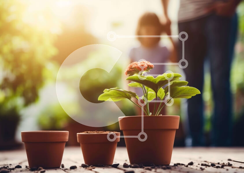 Intra Συλλεκτικό Ξύλινο Παζλ Plywood  4mm - Ομάδα φυτών σε γλάστρες με ανθρώπους και παιδί Σε Ξύλινο Κουτί - Διαστάσεις: 10x10 cm – 25 κομμάτια