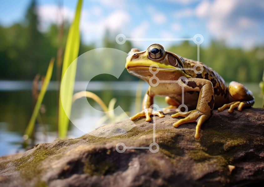 Intra Συλλεκτικό Ξύλινο Παζλ Plywood  4mm - Περίεργος βάτραχος στο κούτσουρο δέντρου κοντά στο νερό Σε Ξύλινο Κουτί - Διαστάσεις: 10x10 cm – 25 κομμάτια