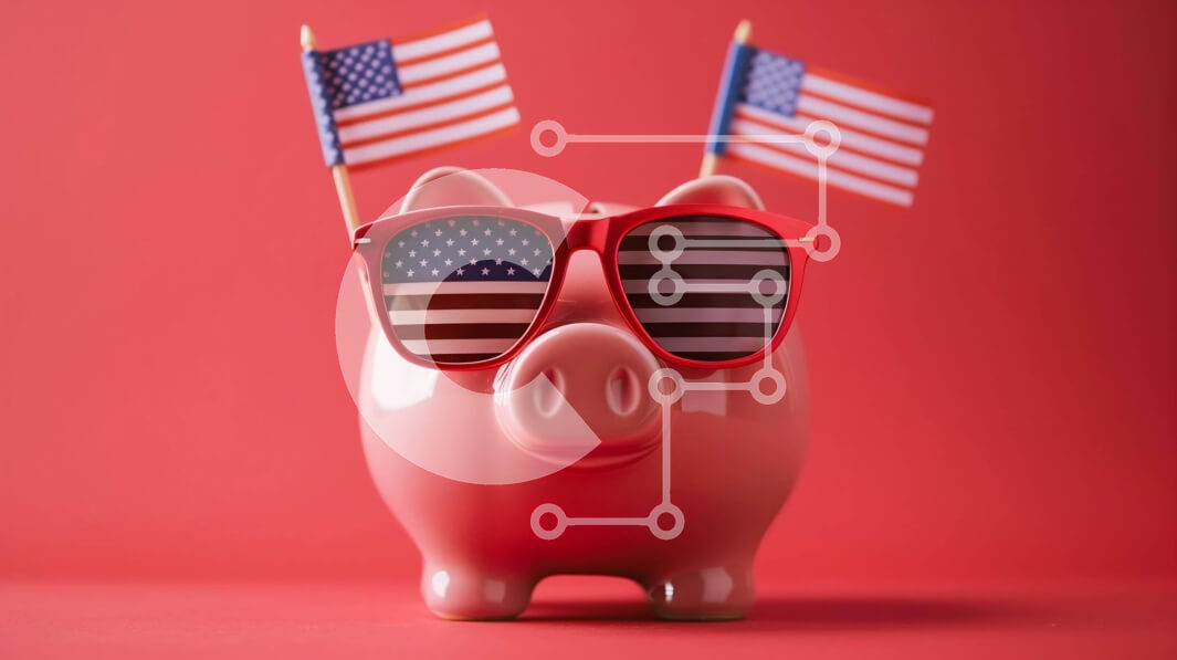 Intra Συλλεκτικό Ξύλινο Παζλ Plywood  4mm - Ροζ κουμπαράς με γυαλιά ηλίου και αμερικανικές σημαίες Σε Ξύλινο Κουτί - Διαστάσεις Puzzle: 10x10 cm – 25 κομμάτια