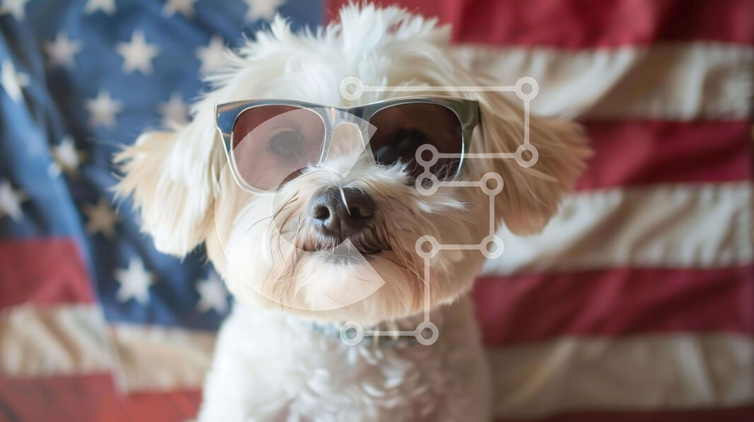 Σετ των 2 Intra Συλλεκτικό Ξύλινο Παζλ Plywood  4mm - Κομψό λευκό σκυλί με γυαλιά ηλίου μπροστά από την αμερικανική σημαία Σε Ξύλινο Κουτί - Διαστάσεις: 10x10 cm – 25 κομμάτια