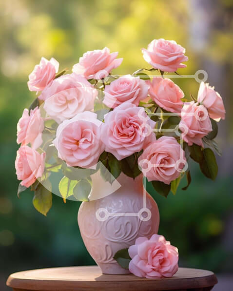 Intra Συλλεκτικό Ξύλινο Παζλ Plywood  4mm - Λευκό βάζο με ροζ τριαντάφυλλα σε τραπέζι εξωτερικού χώρου Σε Ξύλινο Κουτί - Διαστάσεις: 10x10 cm – 25 κομμάτια