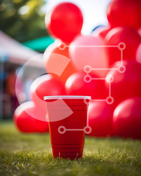 Intra Συλλεκτικό Ξύλινο Παζλ Plywood  4mm - Κόκκινο πλαστικό κύπελλο στο γρασίδι με κόκκινα μπαλόνια Σε Ξύλινο Κουτί - Διαστάσεις: 10x10 cm – 25 κομμάτια