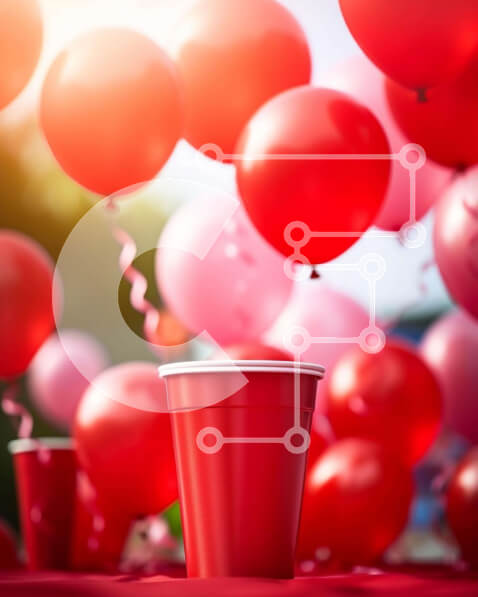 Intra Συλλεκτικό Ξύλινο Παζλ Plywood  4mm - Κόκκινο χάρτινο κύπελλο και μπαλόνια: Γιορτή πάρτι Σε Ξύλινο Κουτί - Διαστάσεις Puzzle: 10x10 cm – 25 κομμάτια