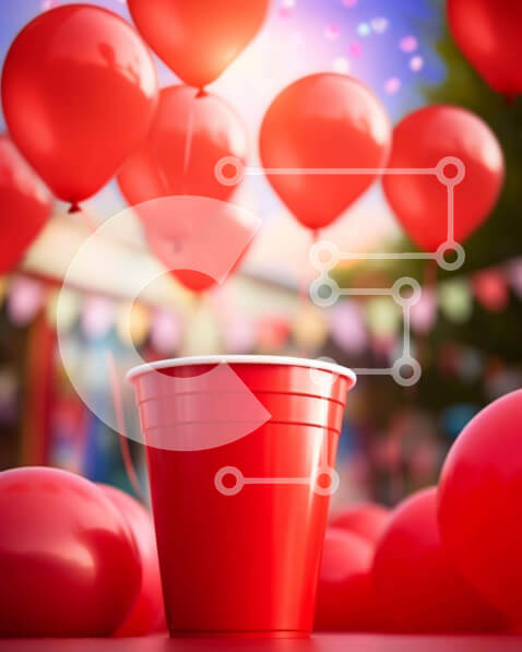 Intra Συλλεκτικό Ξύλινο Παζλ Plywood  4mm - Υπαίθριο πάρτι με κόκκινο χάρτινο κύπελλο και μπαλόνια Σε Ξύλινο Κουτί - Διαστάσεις Puzzle: 10x10 cm – 25 κομμάτια