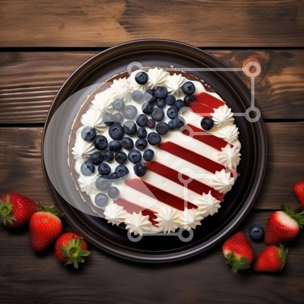 Σετ των 2 Intra Συλλεκτικό Ξύλινο Παζλ Plywood  4mm - Κέικ αμερικανικής σημαίας σε μαύρο πιάτο με φράουλες και βατόμουρα Σε Ξύλινο Κουτί - Διαστάσεις: 10x10 cm – 25 κομμάτια