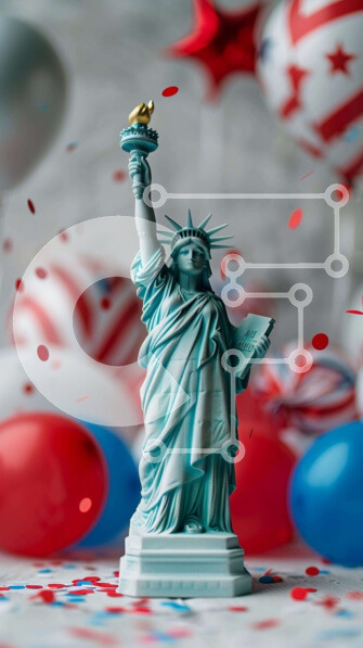 Intra Συλλεκτικό Ξύλινο Παζλ Plywood  4mm - Εορτασμός αγάλματος της ελευθερίας με κόκκινα, λευκά και μπλε μπαλόνια Σε Ξύλινο Κουτί - Διαστάσεις: 10x10 cm – 25 κομμάτια