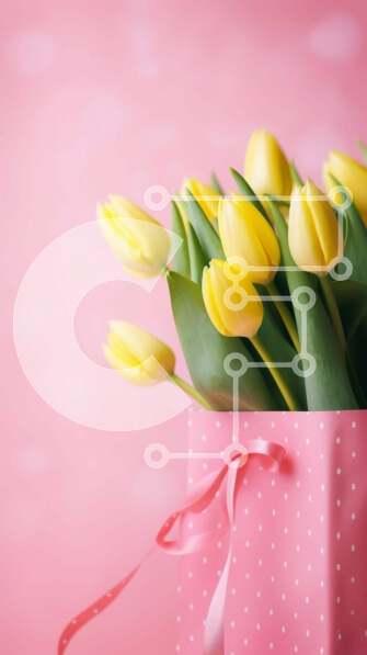 Σετ των 2 Intra Συλλεκτικό Ξύλινο Παζλ Plywood  4mm - Κίτρινες τουλίπες σε ροζ χάρτινη τσάντα με κορδέλες με πουά Σε Ξύλινο Κουτί - Διαστάσεις: 10x10 cm – 25 κομμάτια