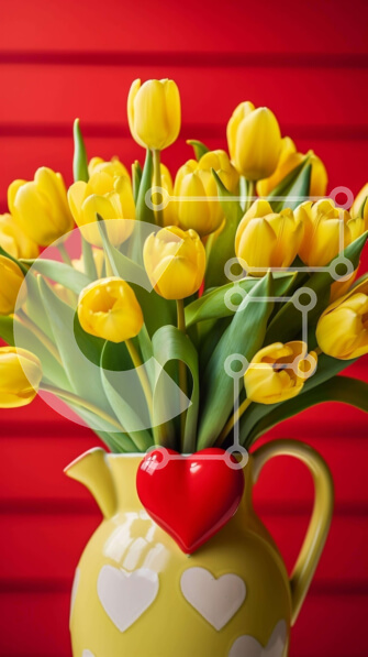 Intra Συλλεκτικό Ξύλινο Παζλ Plywood  4mm - Ρομαντικές κίτρινες τουλίπες σε βάζο με κόκκινες καρδιές Σε Ξύλινο Κουτί - Διαστάσεις Puzzle: 10x10 cm – 25 κομμάτια