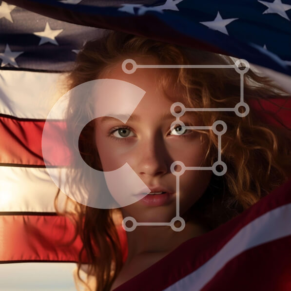 Intra Συλλεκτικό Ξύλινο Παζλ Plywood  4mm - Νεαρό κορίτσι που κρύβεται πίσω από την αμερικανική σημαία Σε Ξύλινο Κουτί - Διαστάσεις Puzzle: 10x10 cm – 25 κομμάτια