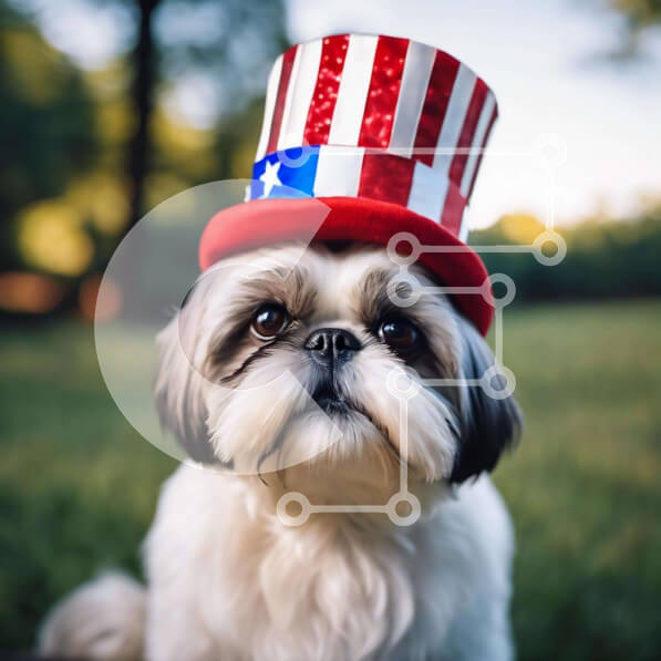 Intra Συλλεκτικό Ξύλινο Παζλ Plywood  4mm - Μικρό λευκό σκυλί με καπέλο με θέμα την αμερικανική σημαία Σε Ξύλινο Κουτί - Διαστάσεις: 10x10 cm – 25 κομμάτια