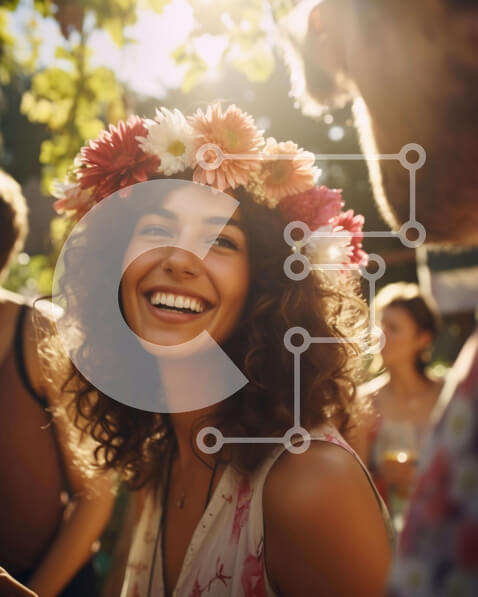 Intra Συλλεκτικό Ξύλινο Παζλ Plywood  4mm - Νεαρή γυναίκα με στέμμα λουλουδιών που χαμογελά σε εξωτερικούς χώρους με ανθρώπους Σε Ξύλινο Κουτί - Διαστάσεις Puzzle: 10x10 cm – 25 κομμάτια