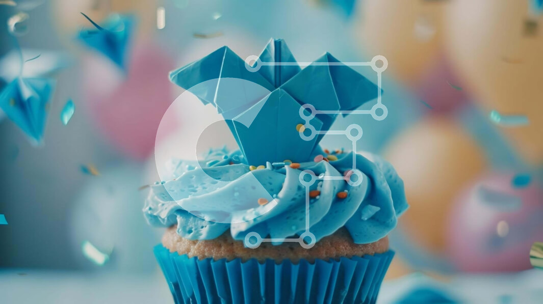 Σετ των 2 Intra Συλλεκτικό Ξύλινο Παζλ Plywood  4mm - Μπλε cupcake με κορώνα Origami και μπαλόνια Σε Ξύλινο Κουτί - Διαστάσεις: 10x10 cm – 25 κομμάτια