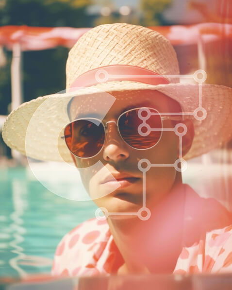 Intra Συλλεκτικό Ξύλινο Παζλ Plywood  4mm - Νεαρός δίπλα στην πισίνα με γυαλιά ηλίου και ψάθινο καπέλο Σε Ξύλινο Κουτί - Διαστάσεις Puzzle: 10x10 cm – 25 κομμάτια