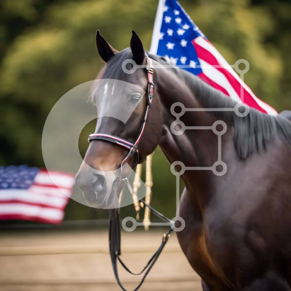 Intra Συλλεκτικό Ξύλινο Παζλ Plywood  4mm - Καφέ άλογο που στέκεται μπροστά από μια αμερικανική σημαία Σε Ξύλινο Κουτί - Διαστάσεις: 10x10 cm – 25 κομμάτια