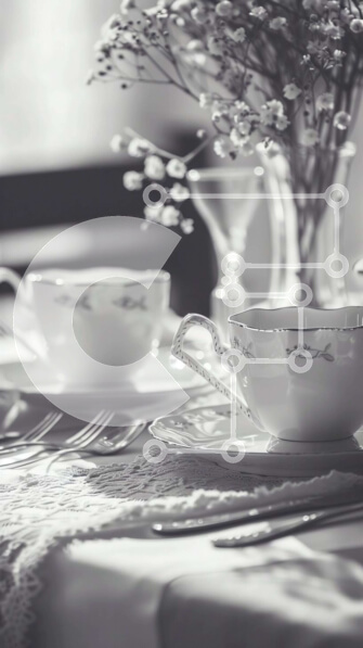 Intra Συλλεκτικό Ξύλινο Παζλ Plywood  4mm - Ασπρόμαυρη ρύθμιση τραπεζιού με φλιτζάνια τσαγιού και λουλούδια Σε Ξύλινο Κουτί - Διαστάσεις Puzzle: 10x10 cm – 25 κομμάτια