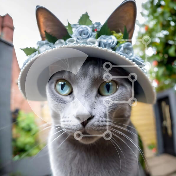 Intra Συλλεκτικό Ξύλινο Παζλ Plywood  4mm - Γκρίζα γάτα που φορά λουλουδάτο λευκό καπέλο με μπλε μάτια Σε Ξύλινο Κουτί - Διαστάσεις: 10x10 cm – 25 κομμάτια