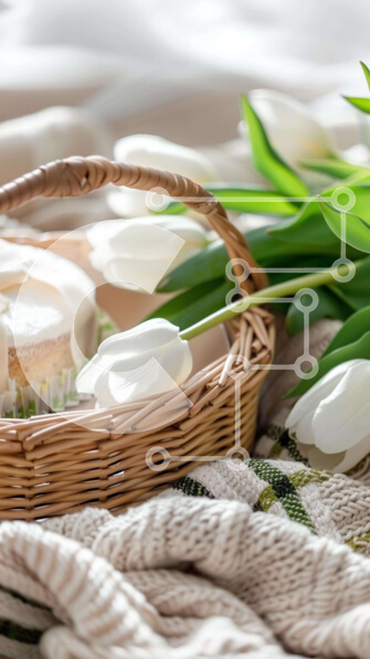 Intra Συλλεκτικό Ξύλινο Παζλ Plywood  4mm - Κομψό καλάθι με λευκές τουλίπες και κέικ Σε Ξύλινο Κουτί - Διαστάσεις Puzzle: 10x10 cm – 25 κομμάτια