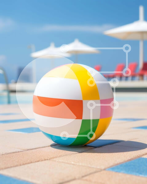 Intra Συλλεκτικό Ξύλινο Παζλ Plywood  4mm - Πολύχρωμη Μπάλα παραλίας δίπλα στην εξωτερική πισίνα Σε Ξύλινο Κουτί - Διαστάσεις Puzzle: 10x10 cm – 25 κομμάτια