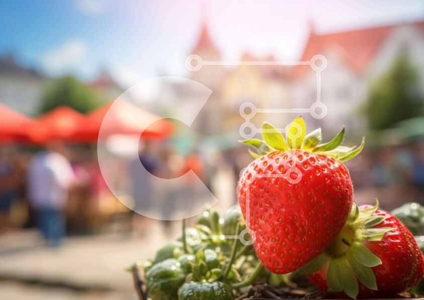 Σετ των 2 Intra Συλλεκτικό Ξύλινο Παζλ Plywood  4mm - Φρέσκες φράουλες σε ένα καλάθι σε μια υπαίθρια αγορά Σε Ξύλινο Κουτί - Διαστάσεις: 10x10 cm – 25 κομμάτια