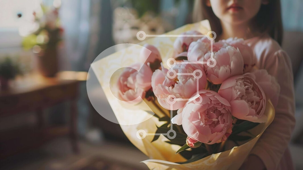 Intra Συλλεκτικό Ξύλινο Παζλ Plywood  4mm - Νεαρό κορίτσι με ροζ παιώνιες Σε Ξύλινο Κουτί - Διαστάσεις Puzzle: 10x10 cm – 25 κομμάτια