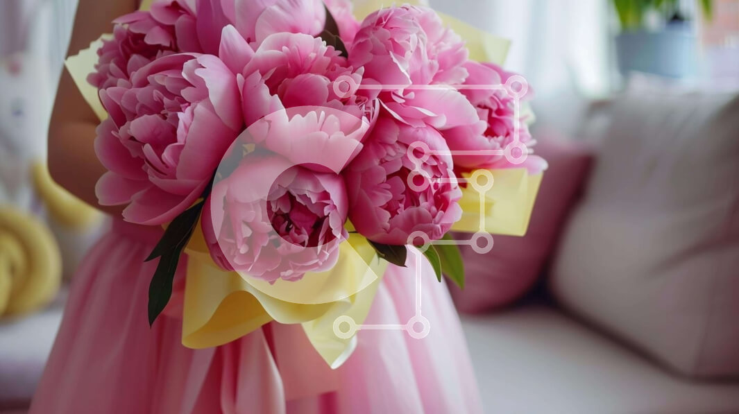 Intra Συλλεκτικό Ξύλινο Παζλ Plywood  4mm - Νεαρό κορίτσι με ροζ παιώνιες μπουκέτο Σε Ξύλινο Κουτί - Διαστάσεις: 10x10 cm – 25 κομμάτια