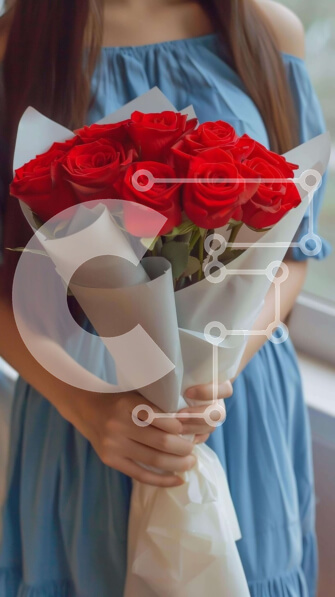 Intra Συλλεκτικό Ξύλινο Παζλ Plywood  4mm - Νεαρή γυναίκα που κρατά κόκκινα τριαντάφυλλα Σε Ξύλινο Κουτί - Διαστάσεις Puzzle: 10x10 cm – 25 κομμάτια