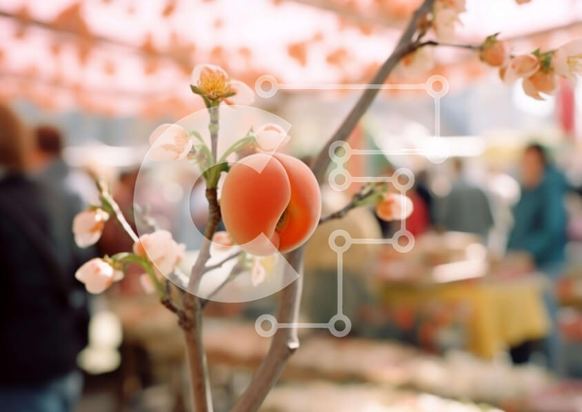 Intra Συλλεκτικό Ξύλινο Παζλ Plywood  4mm - Ροδάκινα με άνθη πορτοκαλιάς σε υπαίθρια αγορά ή φεστιβάλ Σε Ξύλινο Κουτί - Διαστάσεις: 10x10 cm – 25 κομμάτια