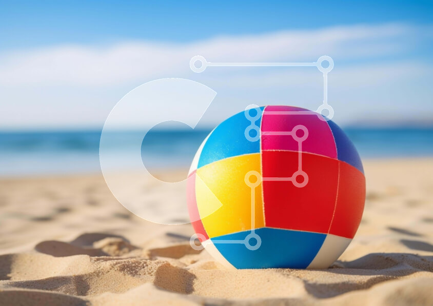 Intra Συλλεκτικό Ξύλινο Παζλ Plywood  4mm - Πολύχρωμη μπάλα παραλίας στην άμμο κοντά στην ακτή Σε Ξύλινο Κουτί - Διαστάσεις Puzzle: 10x10 cm – 25 κομμάτια