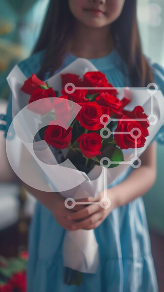 Intra Συλλεκτικό Ξύλινο Παζλ Plywood  4mm - Νεαρό κορίτσι που κρατά μπουκέτο με κόκκινα τριαντάφυλλα Σε Ξύλινο Κουτί - Διαστάσεις Puzzle: 10x10 cm – 25 κομμάτια