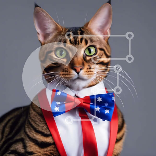 Intra Συλλεκτικό Ξύλινο Παζλ Plywood  4mm - Γάτα της Βεγγάλης που φορά παπιγιόν με αμερικανική σημαία Σε Ξύλινο Κουτί - Διαστάσεις: 10x10 cm – 25 κομμάτια